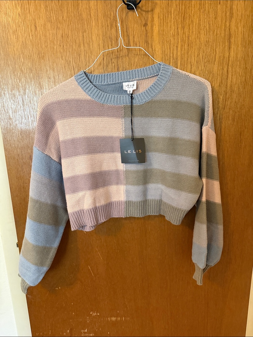 Le Lis Striped Cropped Crewneck Sweater - Pink, Blue & Taupe